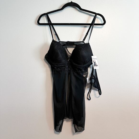 Flora by Flora Nikrooz Black 2-Piece Babydoll & Short Lingerie Set NWT Size L - Picture 4 of 13
